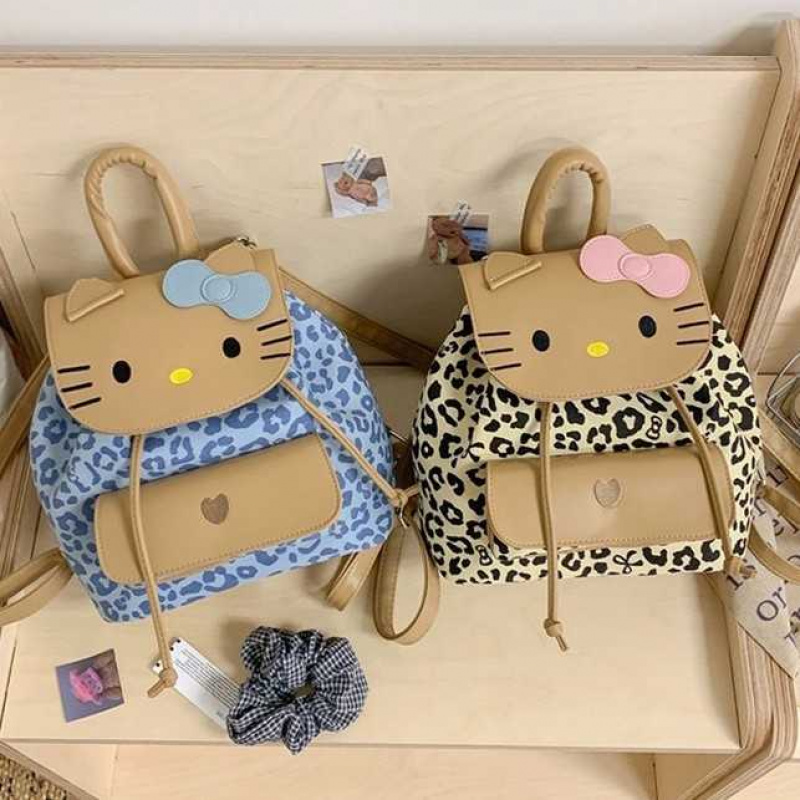 韩版复古豹纹kt猫双肩包女小众设计大容量时尚质感单肩包休闲背包