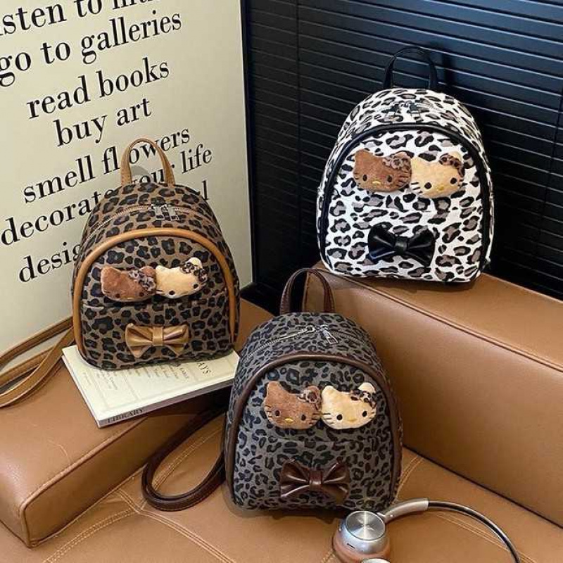 韩版ins复古豹纹凯蒂猫双肩包女小众设计甜美可爱蝴蝶结手提背包