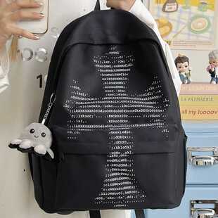 新款黑色个性字母印花双肩包初中生男生书包大容量休闲背包