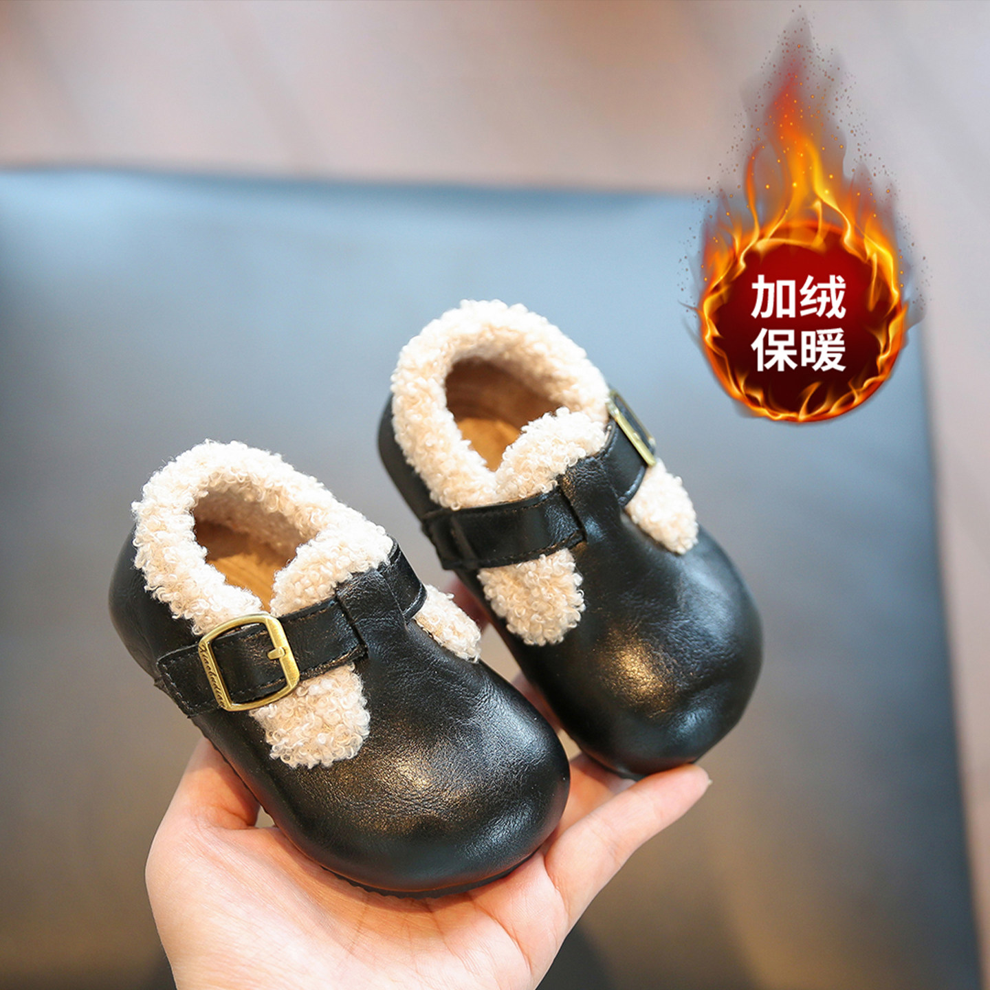 女童加绒勃肯鞋冬季保暖毛毛棉鞋1-3岁2软底婴儿学步小童公主皮鞋