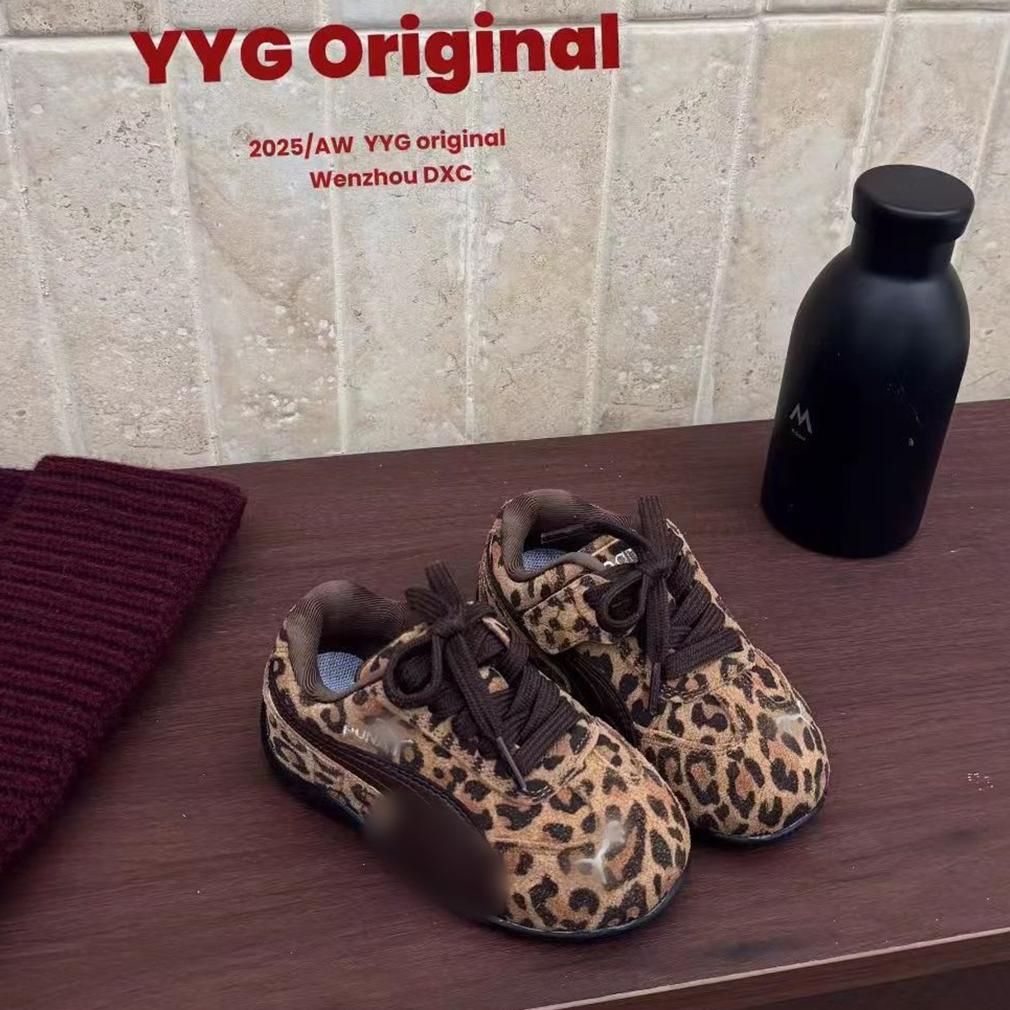 YG韩国童鞋真皮豹纹儿童德训鞋秋冬男女童运动鞋轻便跑步百搭板鞋