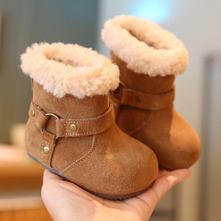 真皮小月龄宝宝冬鞋婴儿不掉软底学步毛毛靴加绒棉靴女童勃肯靴子