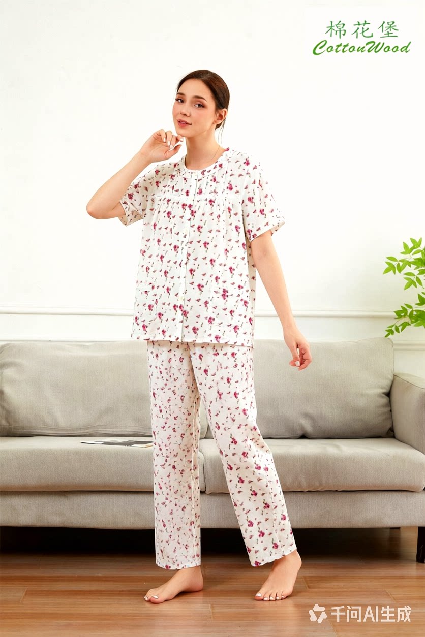 棉花堡家居服女士夏天全棉梭织超薄短袖睡衣宽松柔软凉爽舒适时尚