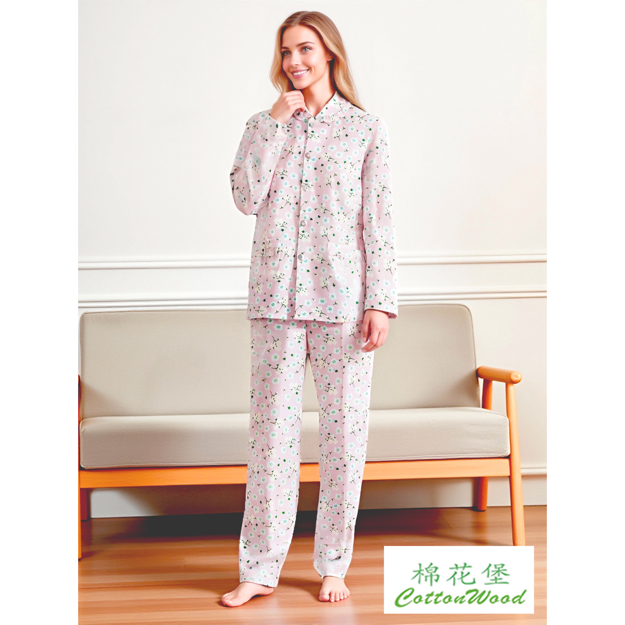棉花堡家居服新款女士秋冬季睡全棉宽松大码长袖套装柔软亲肤时尚
