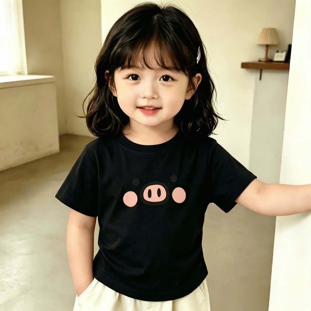 卡通粉色小猪2026女孩子短袖纯棉新款夏季儿童T恤百搭萌趣上衣T恤