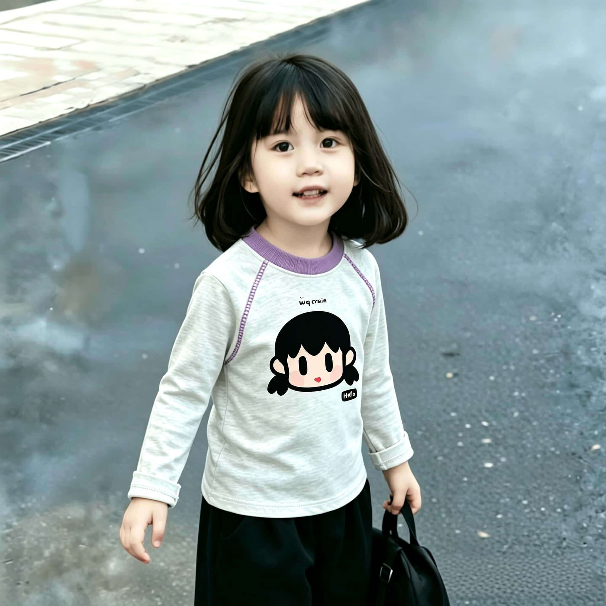 中小童秋季2026洋气明线装饰卡通印花纯棉女孩子撞色长袖T恤上衣t