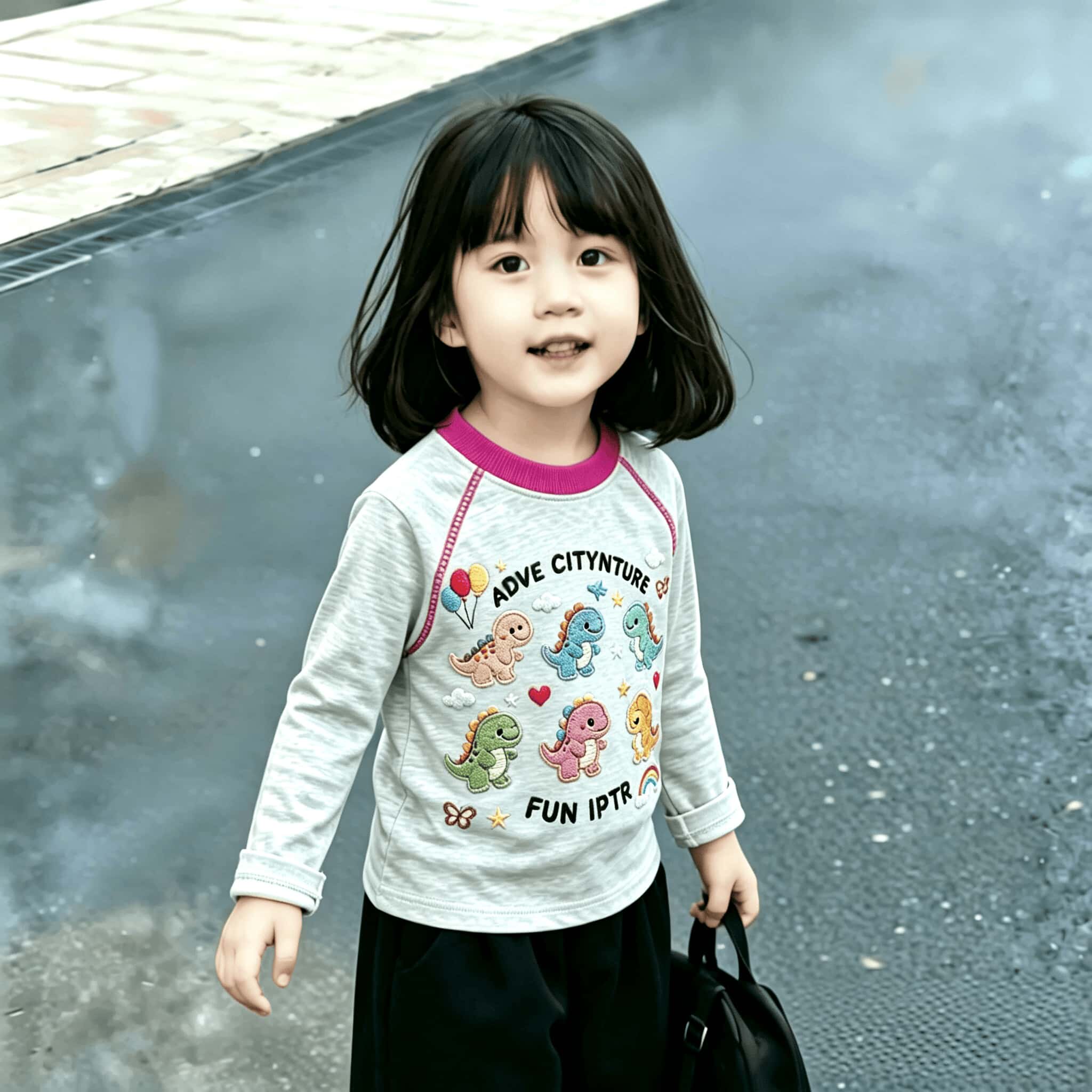春秋中小童2026个性明线装饰卡通印花纯棉女宝宝撞色长袖T恤上衣t