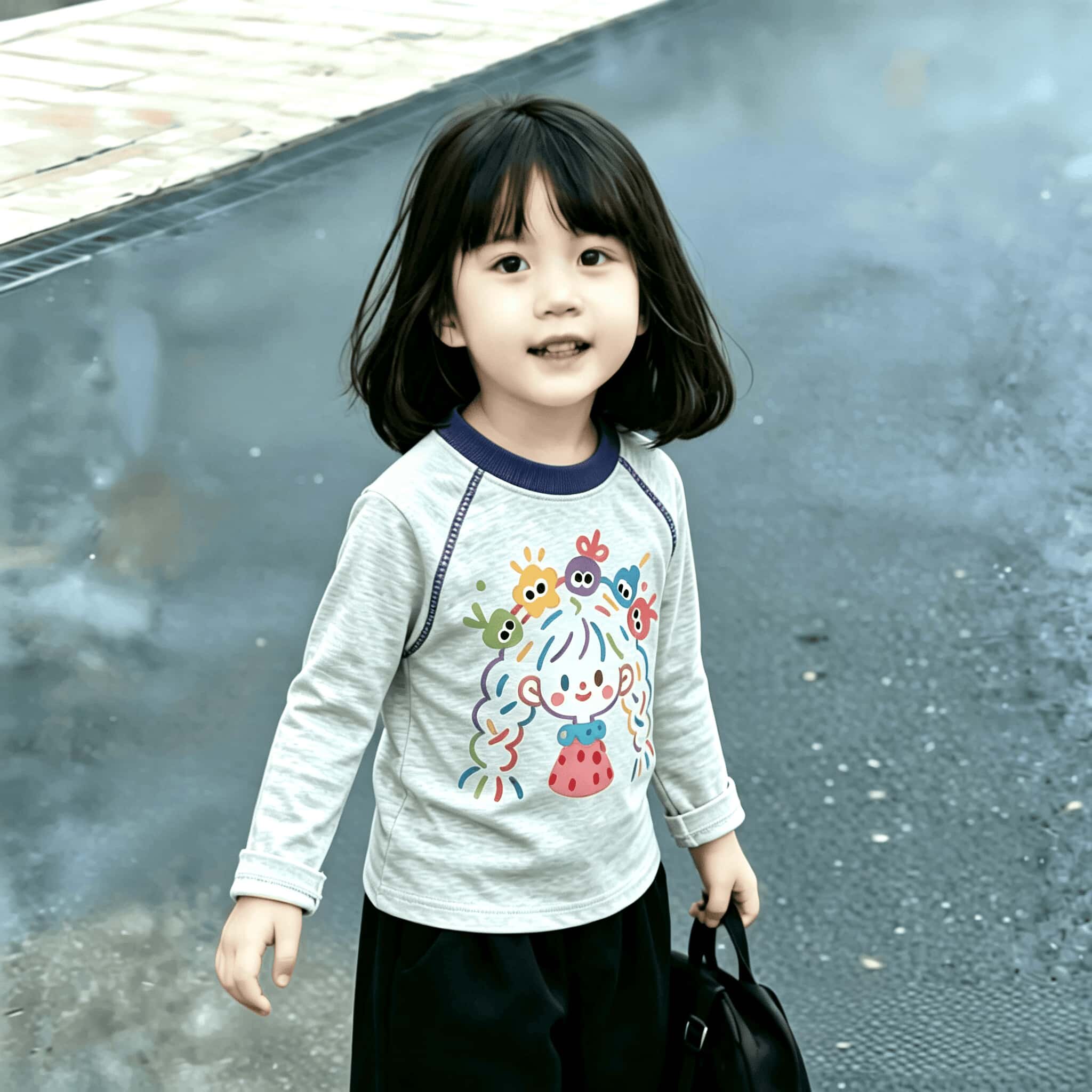 中小童秋季2026韩版明线装饰卡通印花纯棉女孩子撞色长袖T恤上衣t