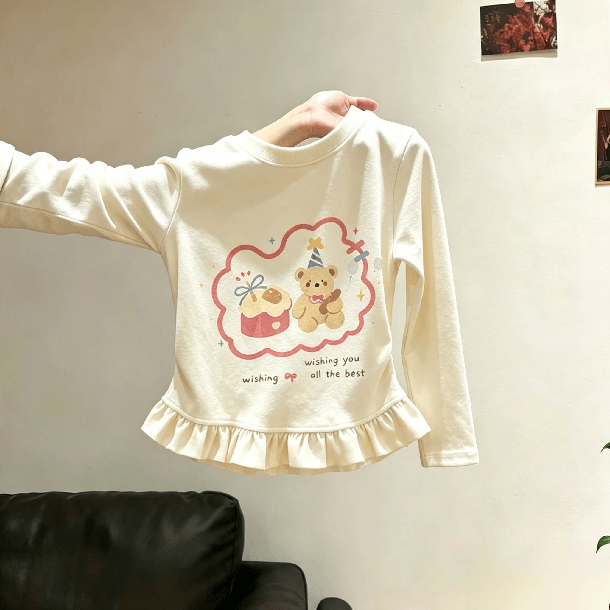 女童长袖上衣春秋季卡通甜美撞色木耳边薄款t恤宝宝休闲打底衫潮t