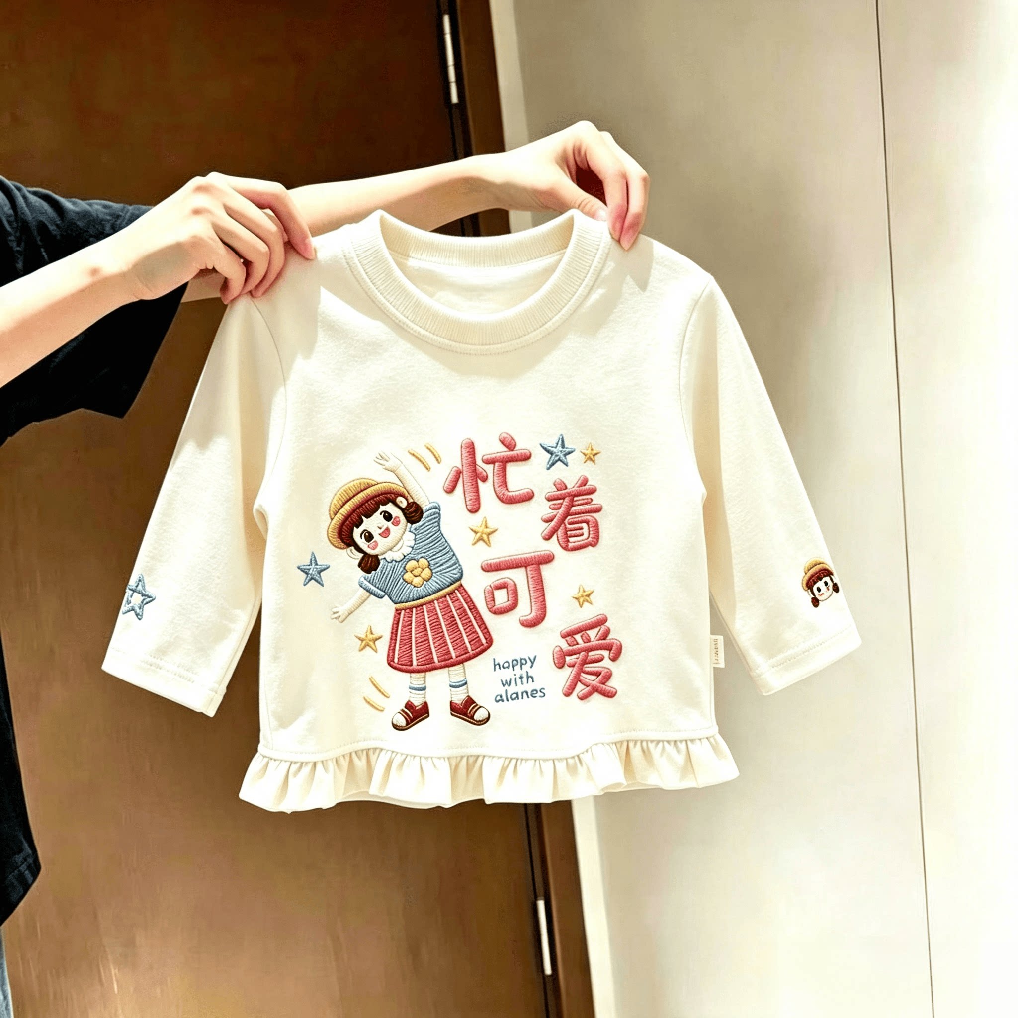 长袖中小童T恤女童春秋季时尚荷叶花边下摆百搭外穿儿童舒适上衣t