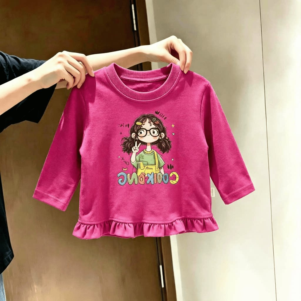 中小童长袖T恤女童春秋款可爱荷叶花边下摆洋气上衣儿童百搭上衣t