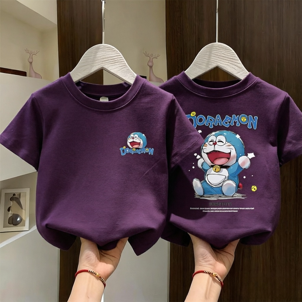 纯棉男童女童薄款透气短袖上衣圆领中小儿童卡通哆啦A梦叮当猫T恤