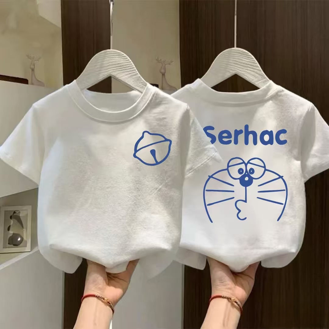 纯棉男童女童小众透气短袖上衣圆领中小儿童卡通哆啦A梦叮当猫T恤