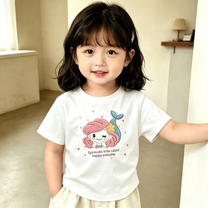 女孩短袖100%纯棉卡通美人鱼图案新款夏季儿童T恤甜辣设计感圆领t