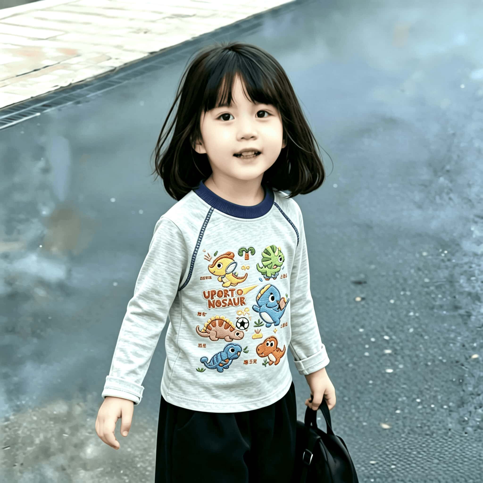 春秋中小童2026个性明线装饰卡通印花纯棉女宝宝撞色长袖T恤上衣t