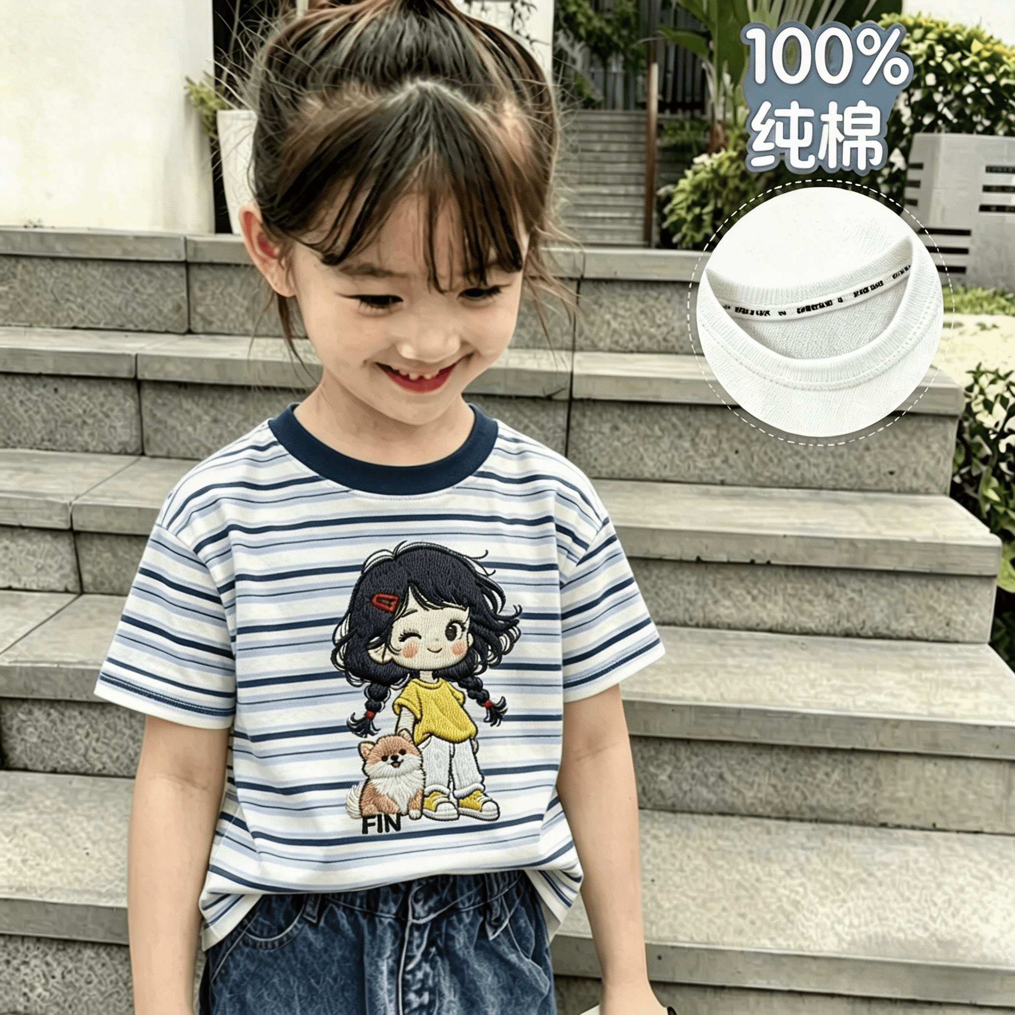 100%纯棉女童短袖T恤夏季新款中小儿童可爱条纹拼色印花轻薄上衣