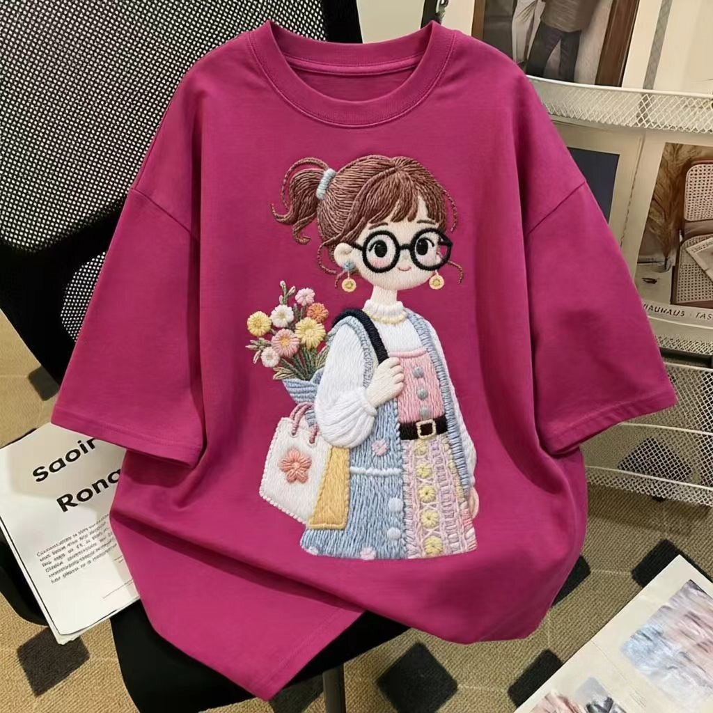 夏季学院风仿刺绣女孩印花新款亲子装纯棉短袖t恤中小童网红上衣