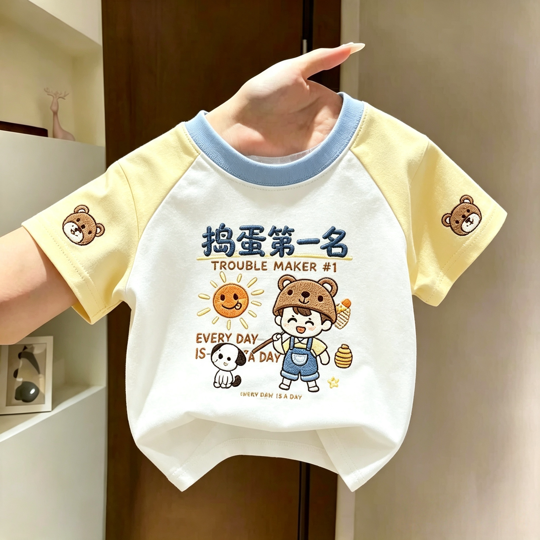 男童宝宝夏季新款韩系风插肩短袖t恤拼色外穿上衣中小童痞帅打底t