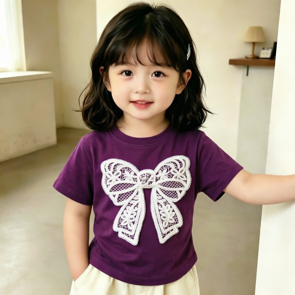 白蝴蝶结图案设计新款女童短袖100%纯棉T恤夏季儿童百搭甜美上衣t