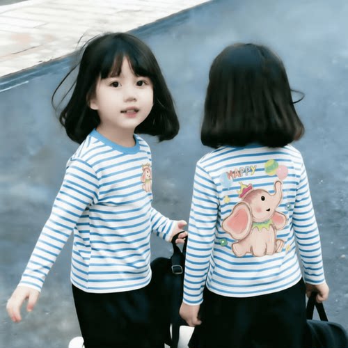 女童春秋纯棉条纹长袖小众卡通粉色小象套头衫宝宝韩版新风尚T恤
