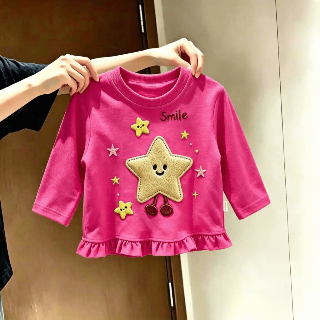 长袖中小童T恤女童春秋季时尚荷叶花边下摆百搭外穿儿童舒适上衣t