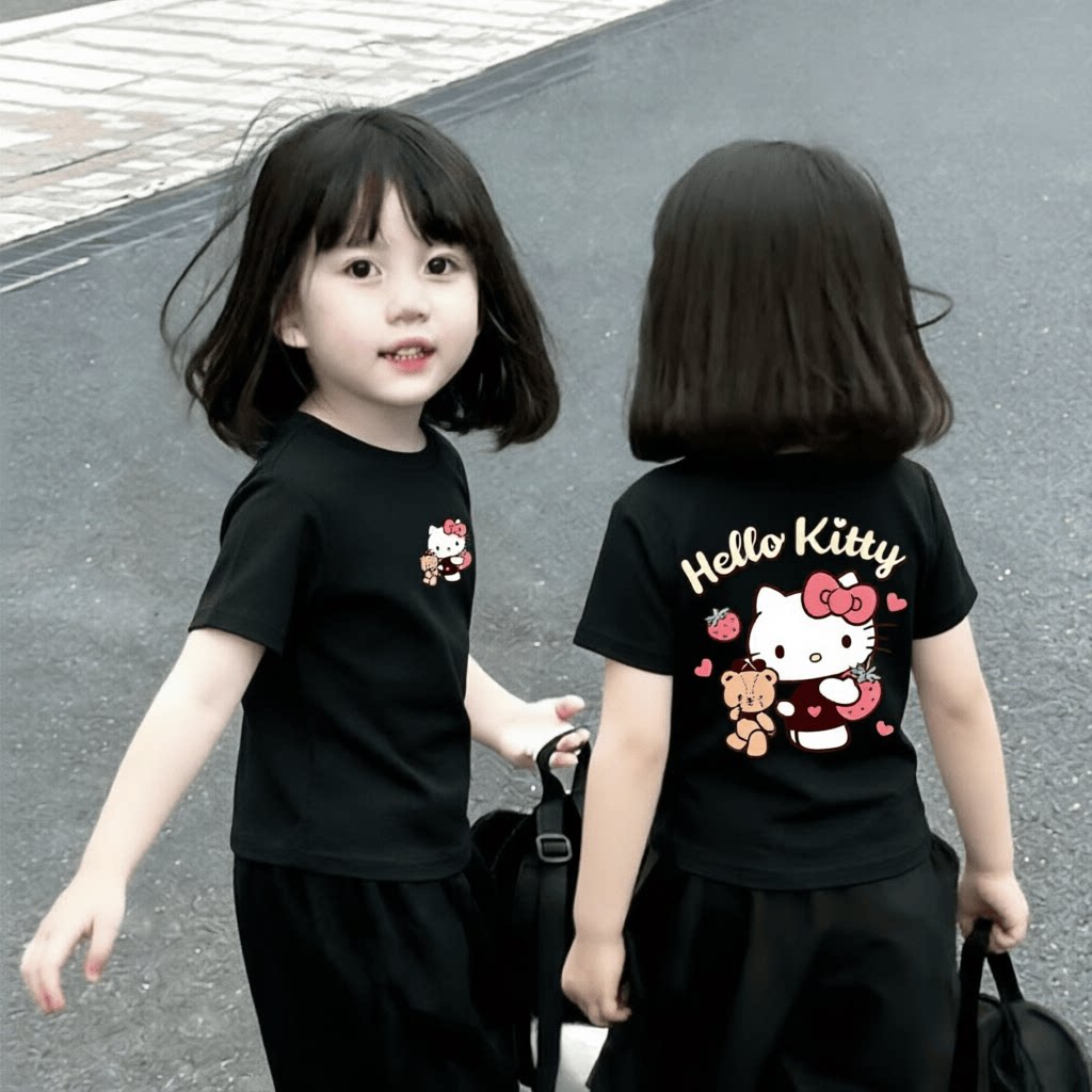 2026新款甜美可爱风女童夏季短袖T恤宽松上衣打底卡通可爱kitty猫