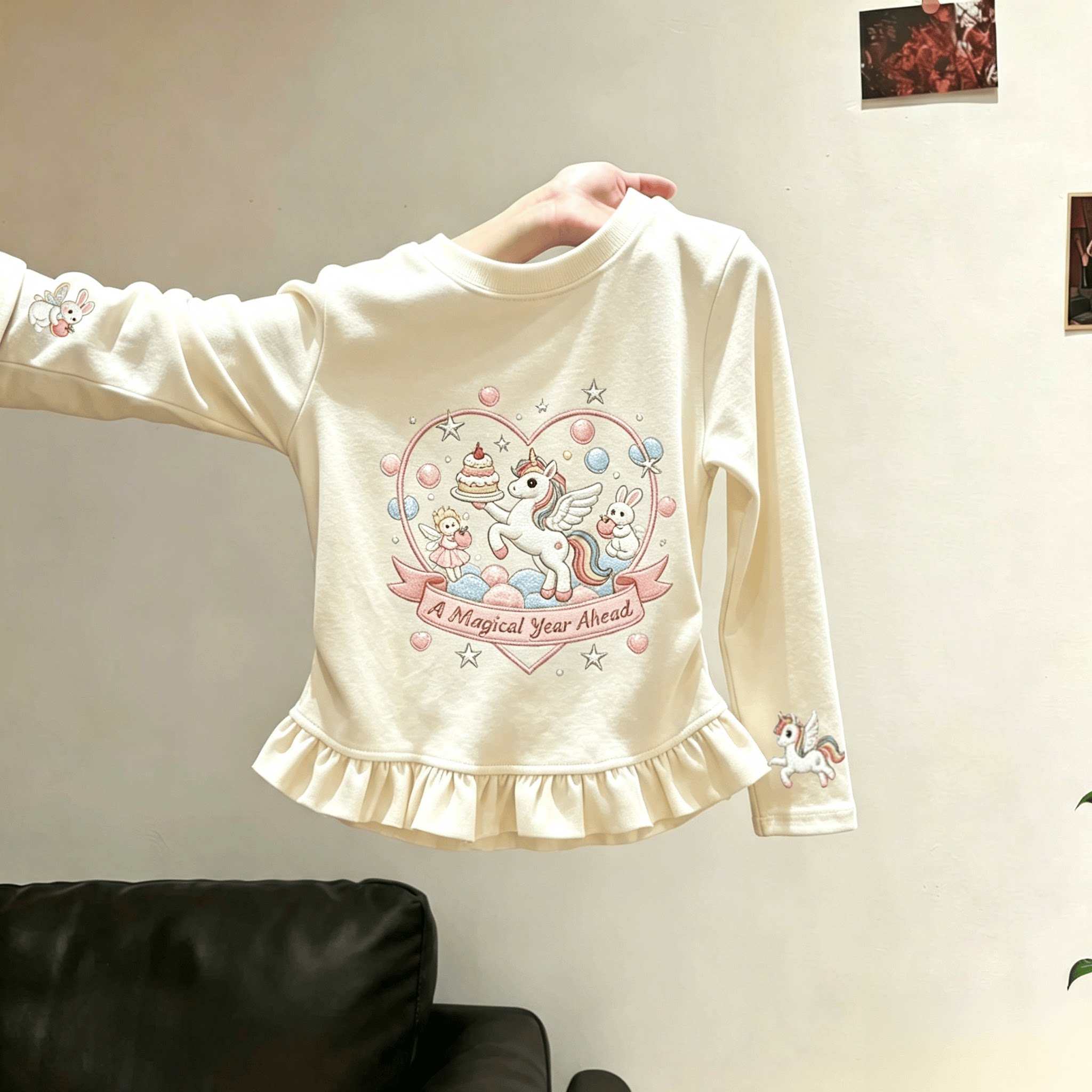 女童长袖上衣春秋季卡通印花撞色荷叶边百搭t恤宝宝休闲打底衫潮t