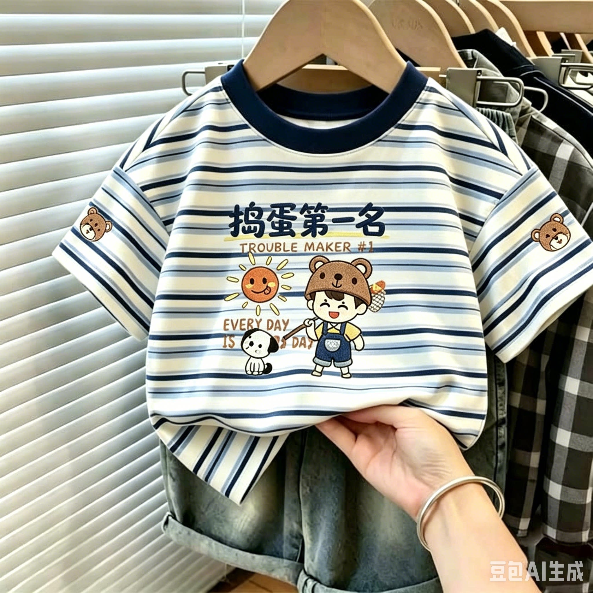 夏季新款100%纯棉儿童短袖T恤男童女童印花蓝白条纹卡通韩版上衣