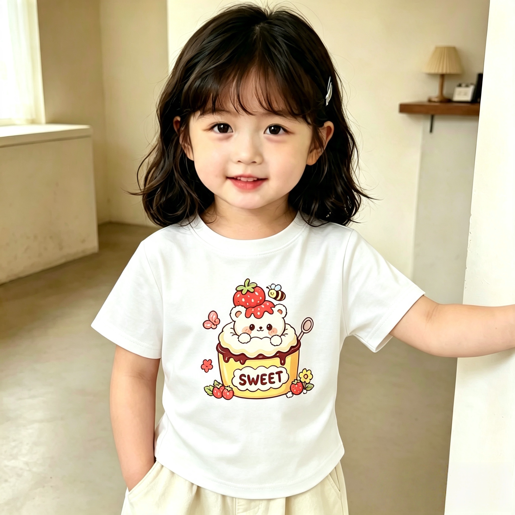卡通草莓蛋糕小熊新款女童短袖100%纯棉T恤夏季儿童百搭透气上衣t