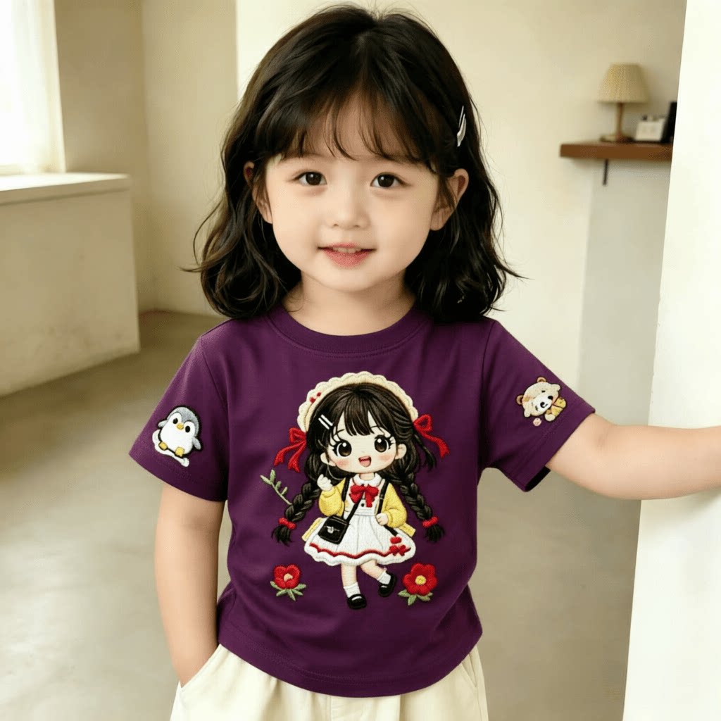 纯棉女童短袖多巴胺风格儿童T恤卡通花辫少女夏季甜美中小童上衣t