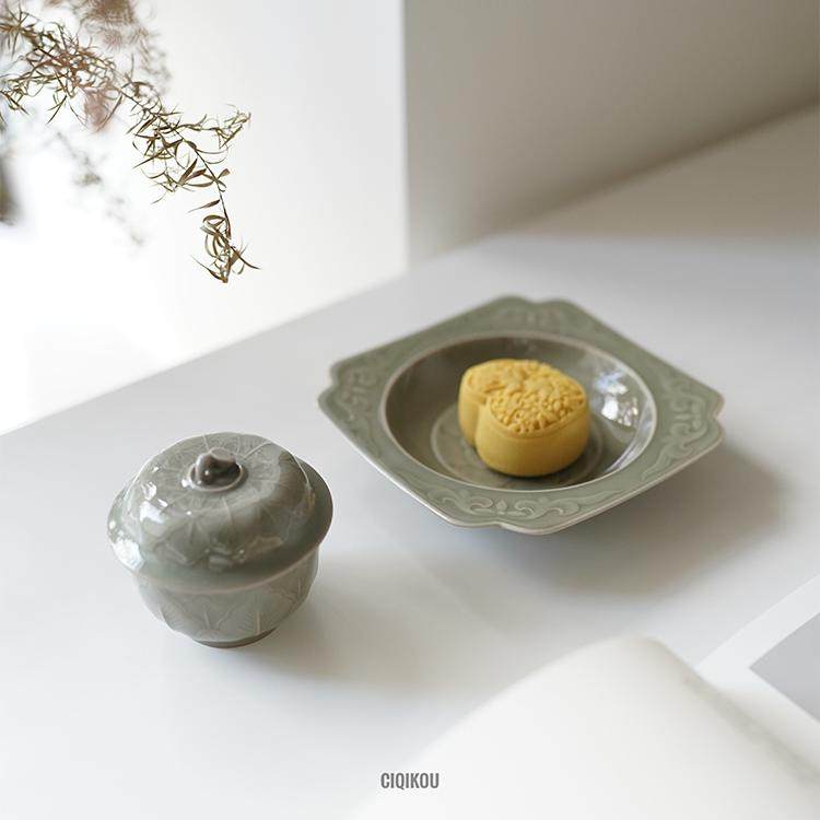 瓷器口-宋风越窑青釉雕刻芭蕉纹醒茶罐香粉盒 茶具干泡壶承茶点盘