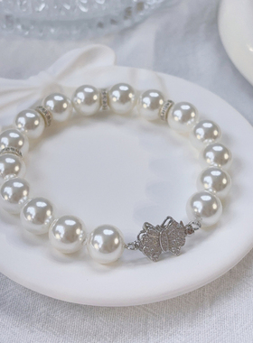 925银满钻蝴蝶结澳白珍珠手链女