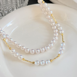 满天星AKOYA天女粉极光伴彩珍珠项链女法式复古高级感锁骨颈链潮