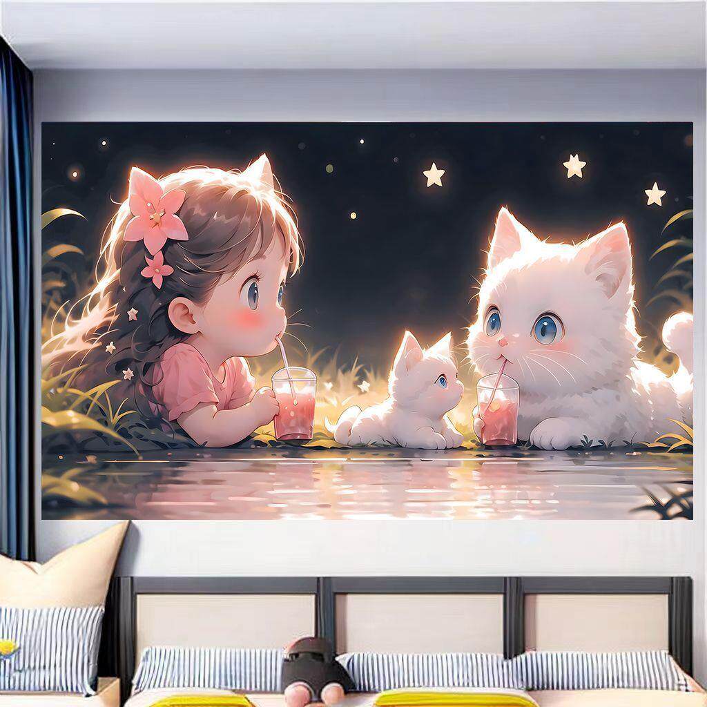 动漫插画可爱猫咪文艺墙贴学生宿舍卧室墙面装饰自粘画3