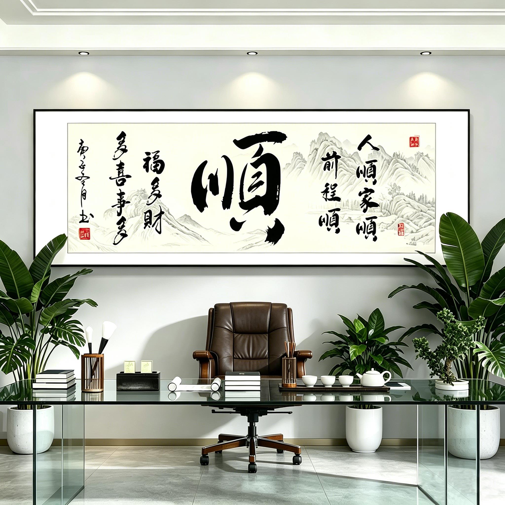 新中式横版顺风顺水办公室书法茶室卧室自黏贴装饰画墙壁贴纸贴画