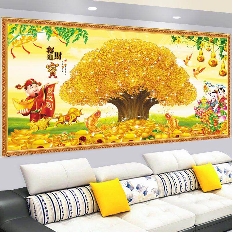 自粘壁画流水生财山水画墙贴画沙发背景墙客厅发财树风景画贴纸