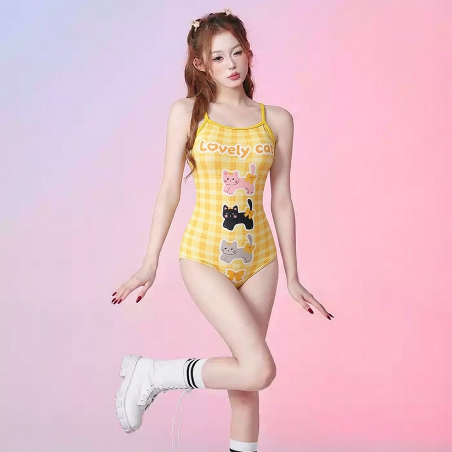 卡通小猫连体泳衣低开叉大包臀