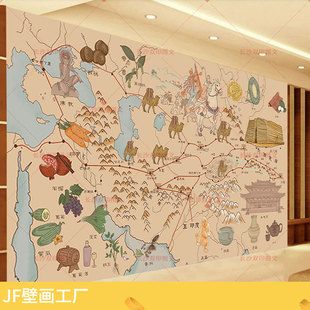 丝绸之路地图壁画张骞骆驼商队沿途物产儿童书房历史地理知识墙纸