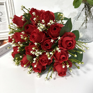 18头仿真花婚庆玫瑰花蕾玫瑰仿真花束酒店婚礼拍摄道具家居装饰假