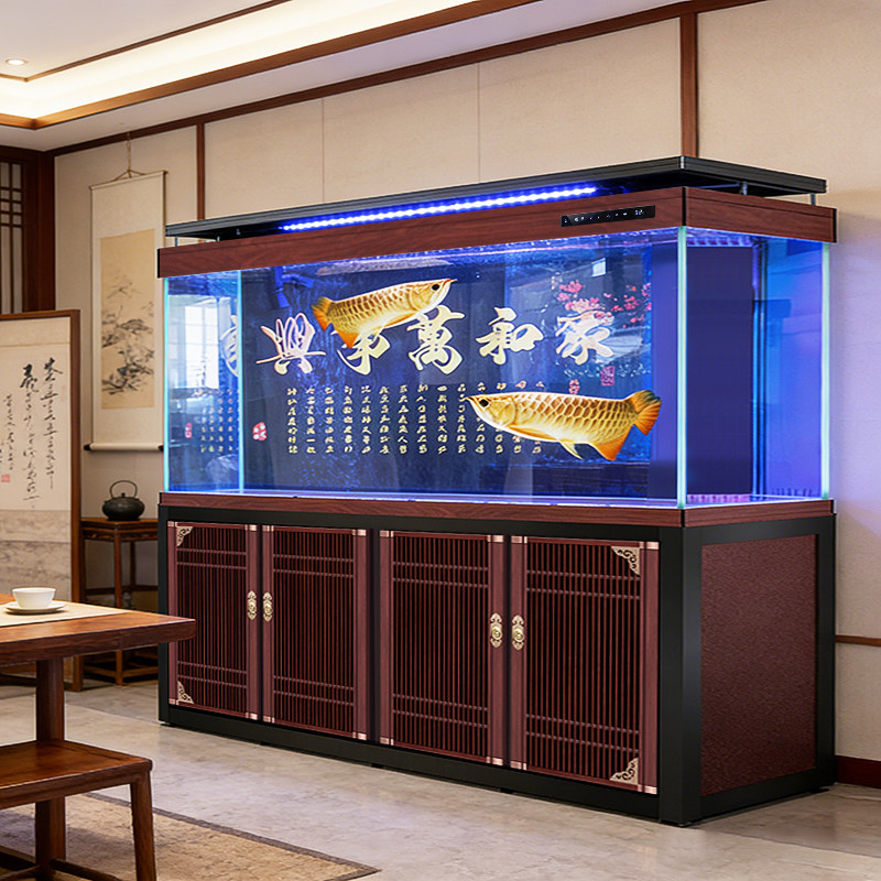 欧宝复古木纹超白龙鱼缸中式隔断柜屏风客厅水族箱落地缸家用大型
