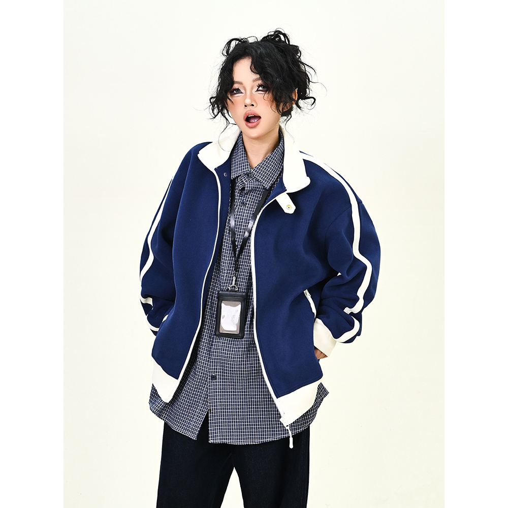 怕麻烦藏青色立领夹克女2025秋季新款宽松bf美式学院风运动外套潮