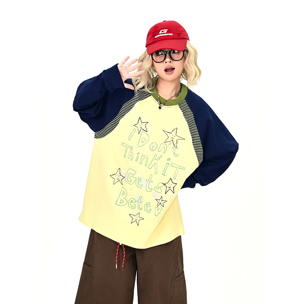 怕麻烦黄拼蓝星星字母长袖T恤女2025秋季新款宽松bf美式潮牌上衣