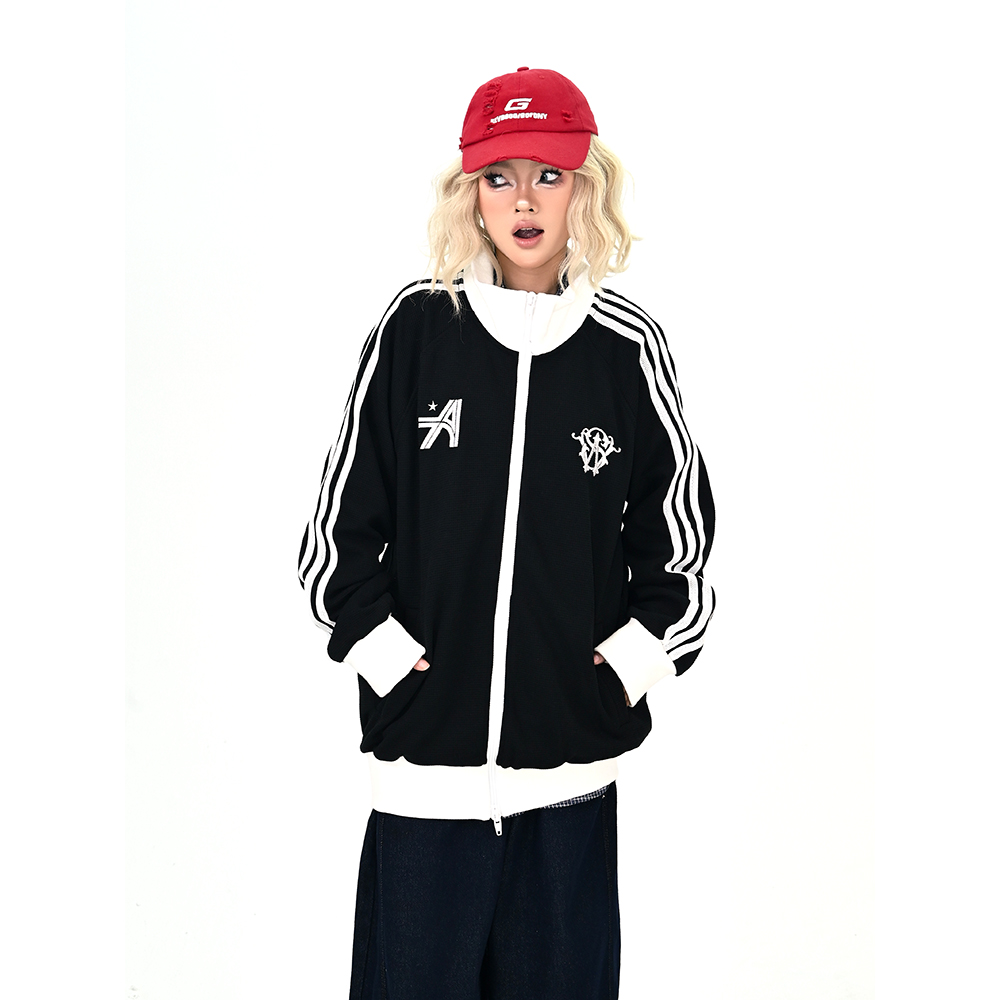 怕麻烦黑色三条杠立领休闲外套女2025秋季新款宽松bf美式潮牌夹克