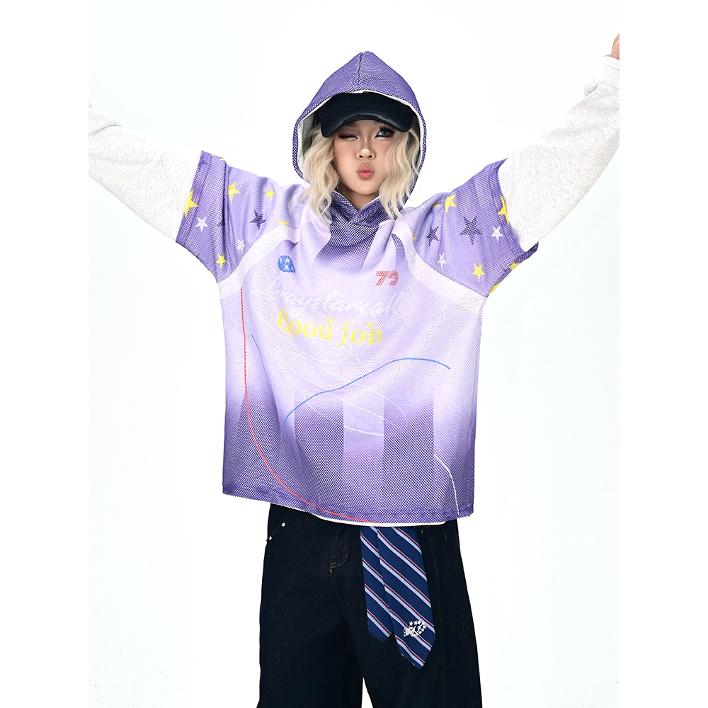 怕麻烦紫色假两件连帽卫衣女2025秋季新款宽松bf美式复古情侣上衣
