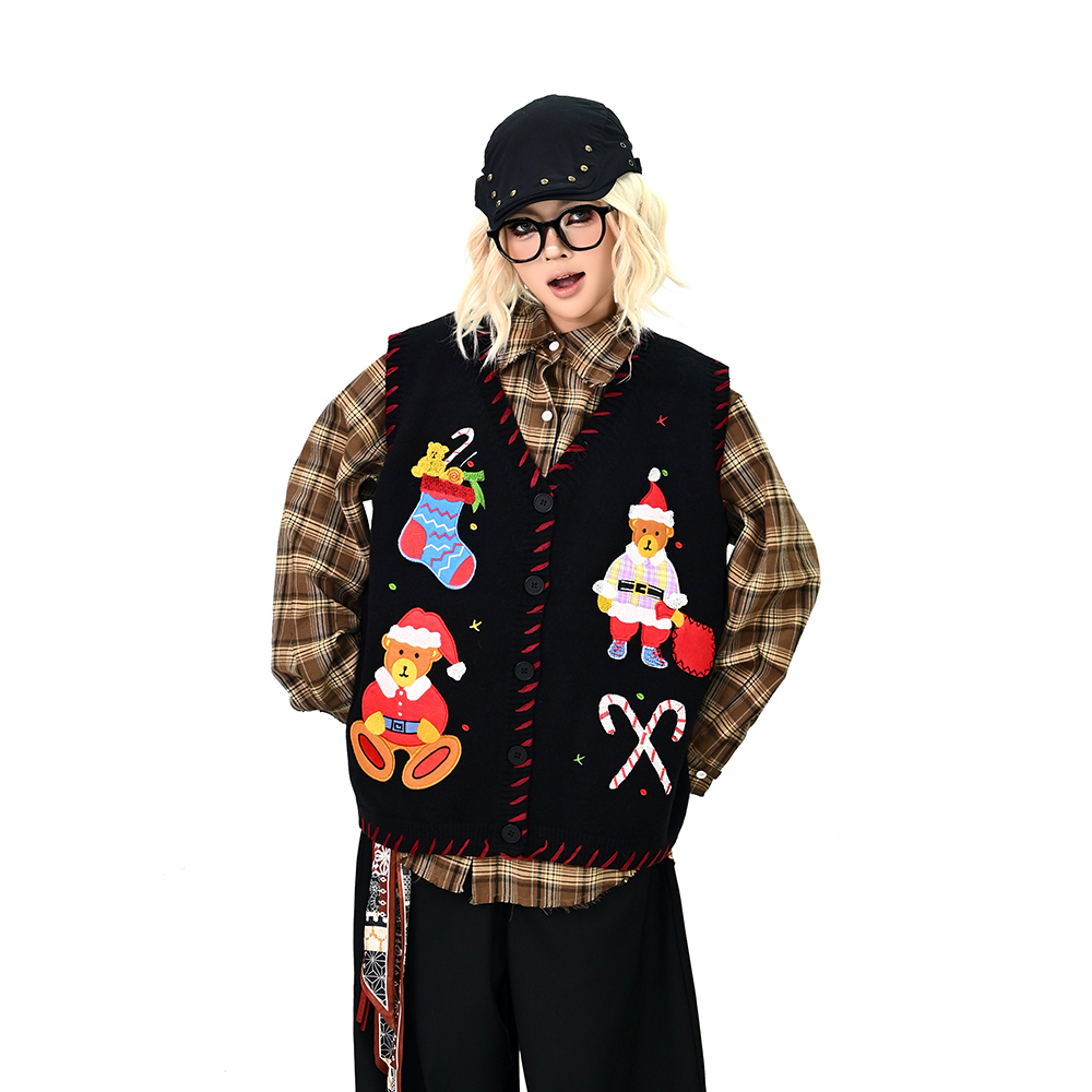 怕麻烦圣诞风毛衣马甲女2025冬季新款宽松bf美式街头情侣坎肩外套