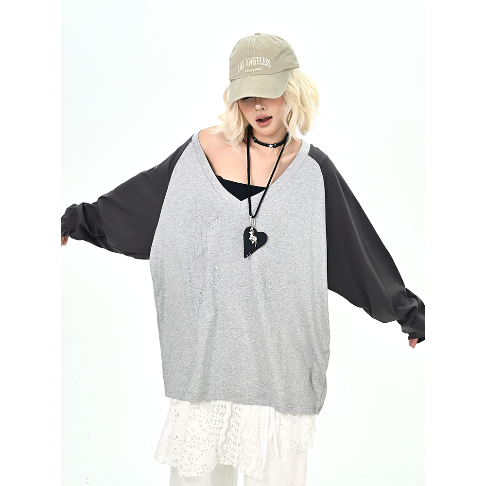 怕麻烦花灰色露肩长袖T恤女2025秋季新款宽松bf韩系慵懒百搭上衣