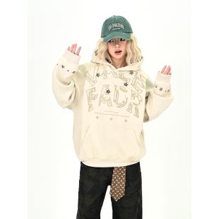 学院风上衣 宽松bf美式 怕麻烦卡其星星字母连帽卫衣女2025秋季 新款