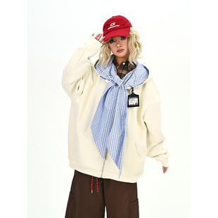 宽松bf美式 新款 学院风外套 女2025秋季 怕麻烦杏色披肩绑带卫衣开衫