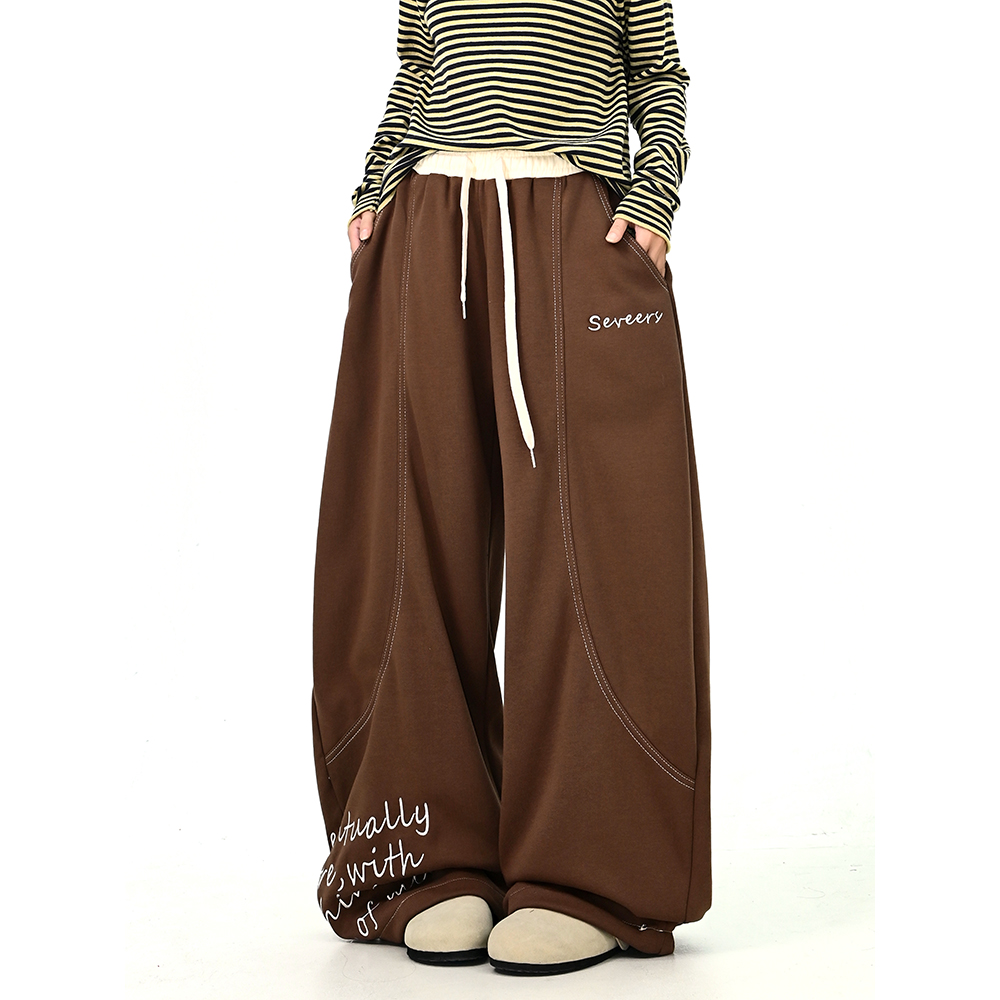 怕麻烦咖色字母刺绣绑带休闲裤女2025秋冬新款宽松bf运动阔腿卫裤