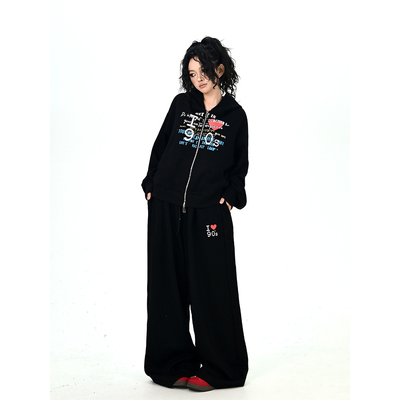 怕麻烦黑色慵懒休闲裤女2025秋季新款美式潮牌运动卫衣裤子两件套
